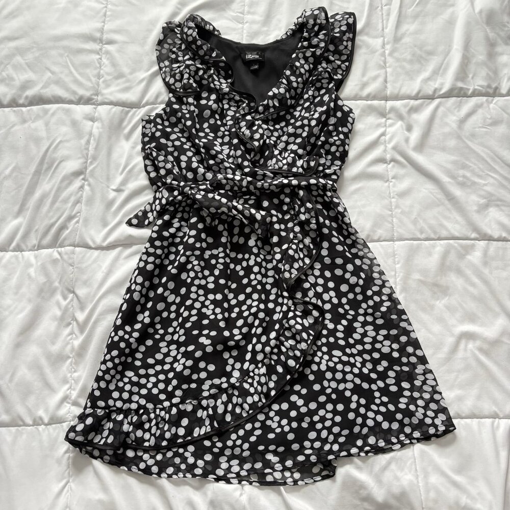 Vintage Mini Dress Womens Large Black White Polka Dot 90s Y2K Belted Ruffle